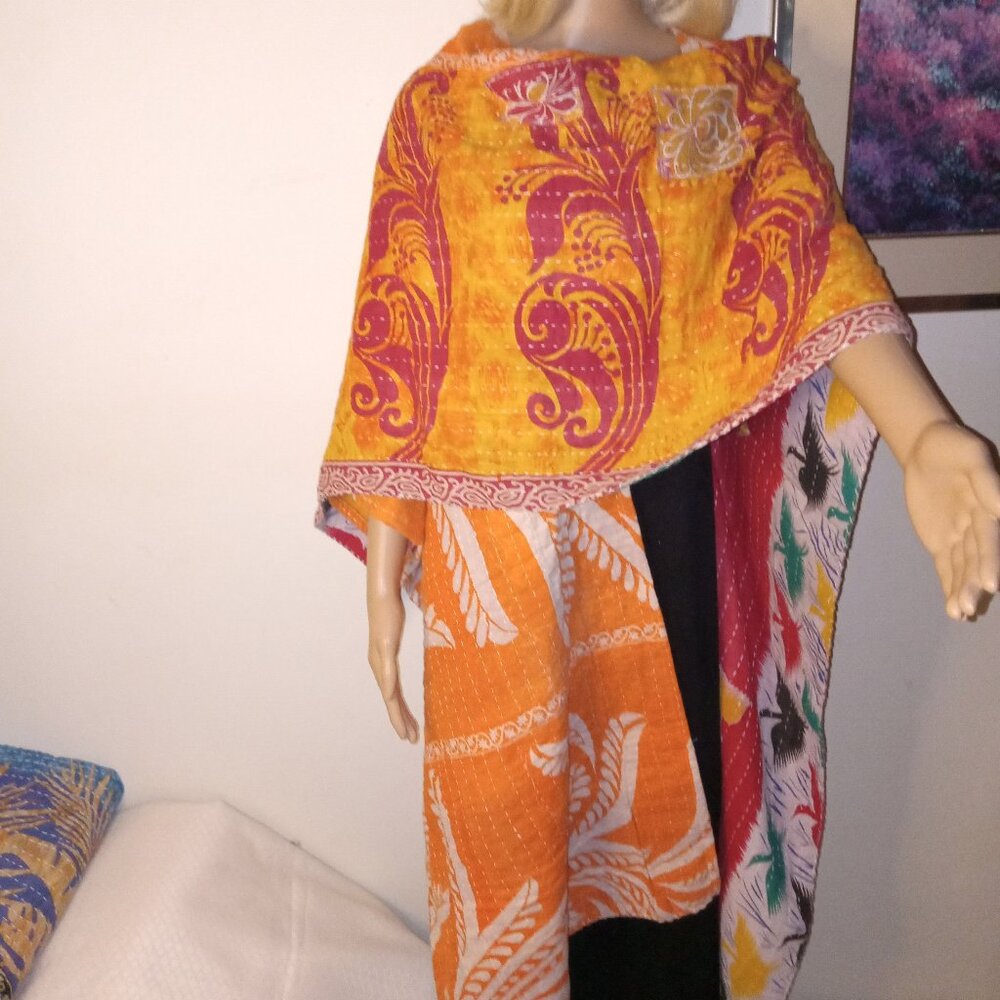 Kantha Long Ruana Wrap/Cloak "Adventurer" OS Orange Red Birds Reversible KR2.